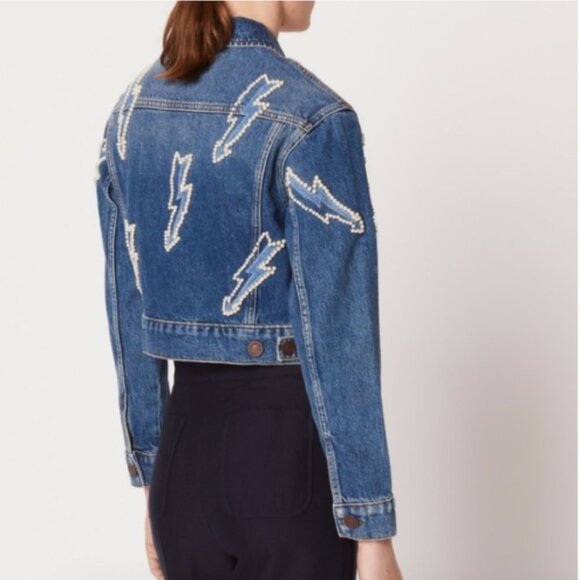 Sandro Denim Jean Jacket Pearl Embellished Lightning Bolt Size 42 FR or 10 - Picture 3 of 16